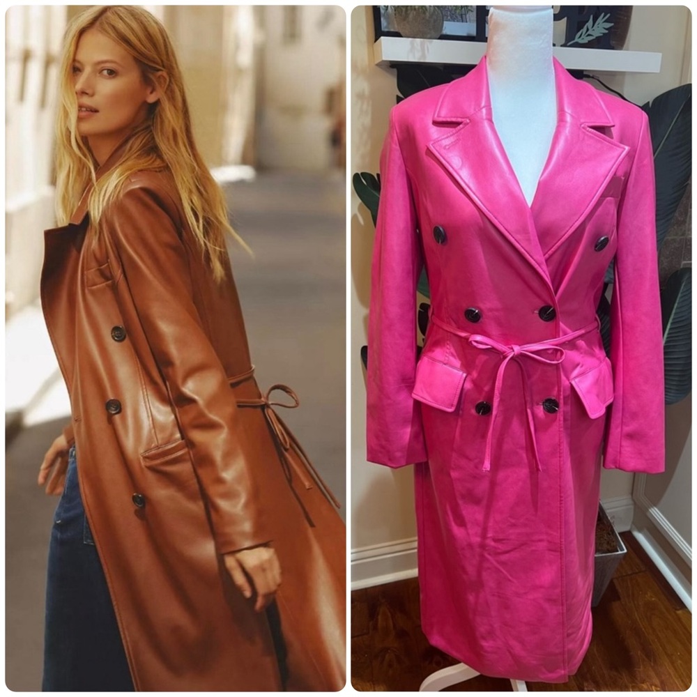 Anthropologie Avec Les Filles Pink Vegan Leather Double-Breasted Trench Coat Med